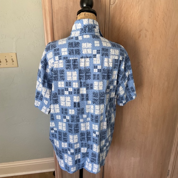 Nat Nast Button Blue 70%  Silk‎ 30% Cotton Camp Shirt Sz L Hawaiian geometric - Picture 14 of 16